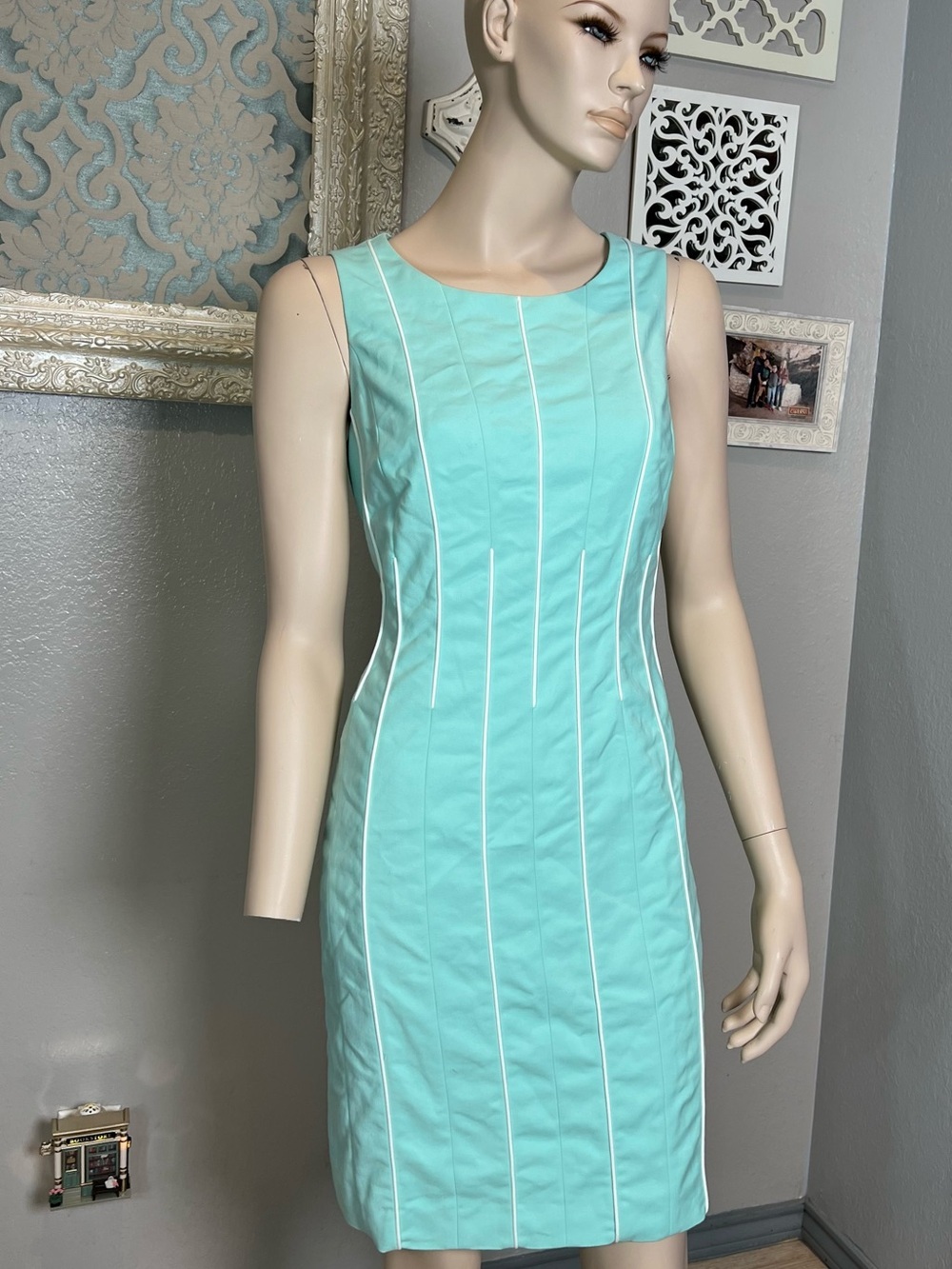 Sleeveless Mint Aqua Sheath Dress with White Piping